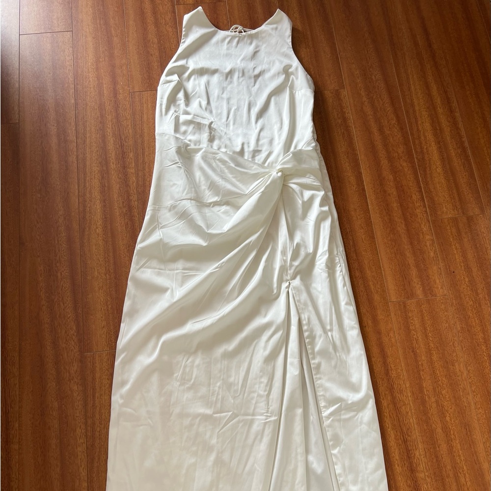 Abercrombie & Fitch Draped Wrap Skirt Maxi Dress Satin Sleeveless Slit White XL - Picture 6 of 16